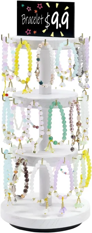 Pinzoveco Bracelet Holder, 3 Tier Wooden Rotating Bracelet Display Stand, Tree Stand Vendor Booth Display with Adversitsing Board, 36 Hooks for Bracelet, KeyChain Display Stand, White (Patent Pending)