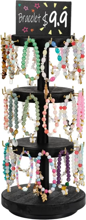 Pinzoveco Bracelet Holder, 3 Tier Wooden Rotating Bracelet Display Stand, Tree Stand Vendor Booth Display with Adversitsing Board, 36 Hooks for Bracelet, KeyChain Display Stands for Selling, Black (Patent Pending)