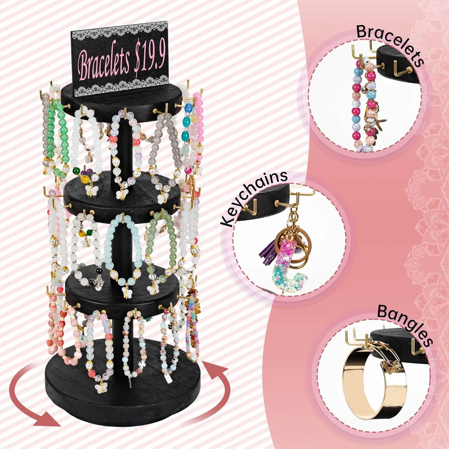 Pinzoveco Bracelet Holder, 3 Tier Wooden Rotating Bracelet Display Stand, Tree Stand Vendor Booth Display with Adversitsing Board, 36 Hooks for Bracelet, KeyChain Display Stands for Selling, Black (Patent Pending)
