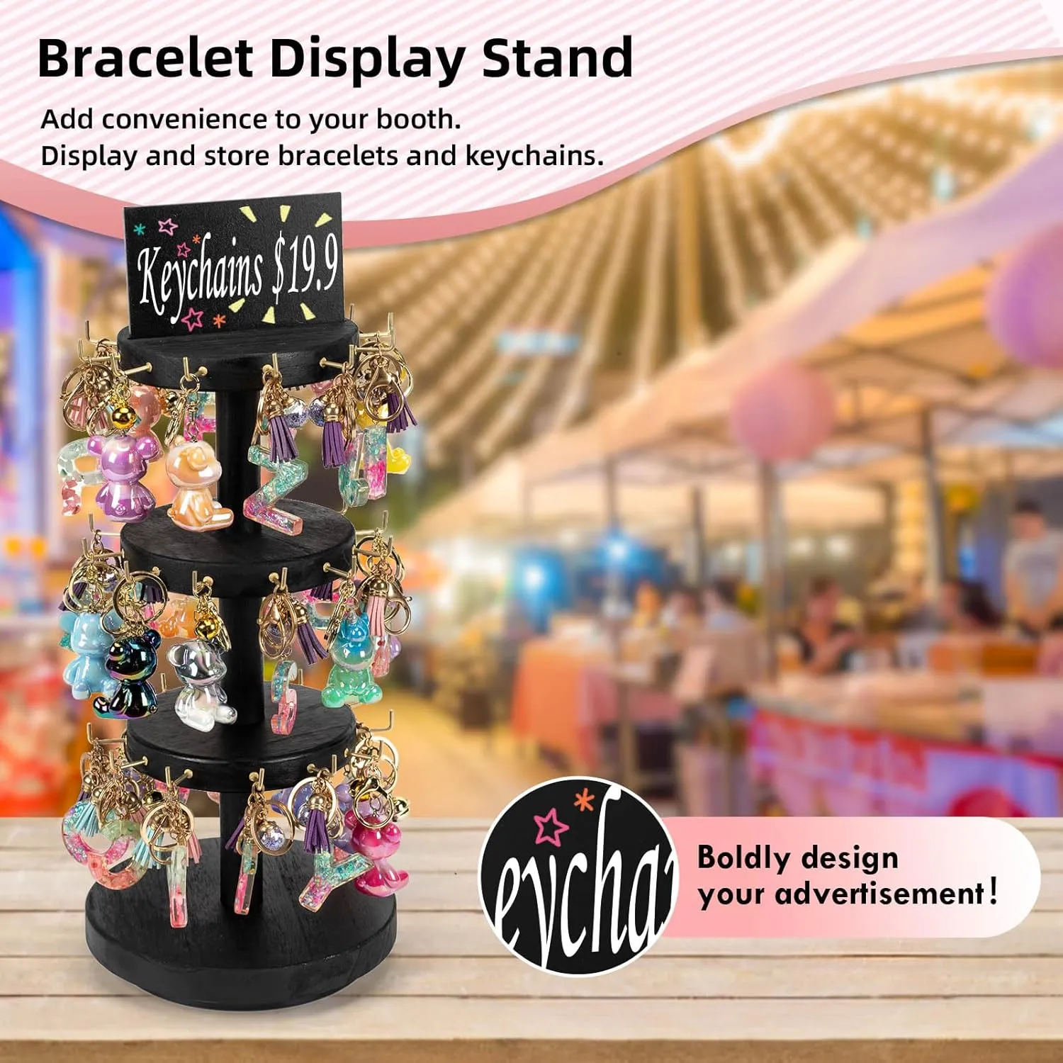 Pinzoveco Bracelet Holder, 3 Tier Wooden Rotating Bracelet Display Stand, Tree Stand Vendor Booth Display with Adversitsing Board, 36 Hooks for Bracelet, KeyChain Display Stands for Selling, Black (Patent Pending)