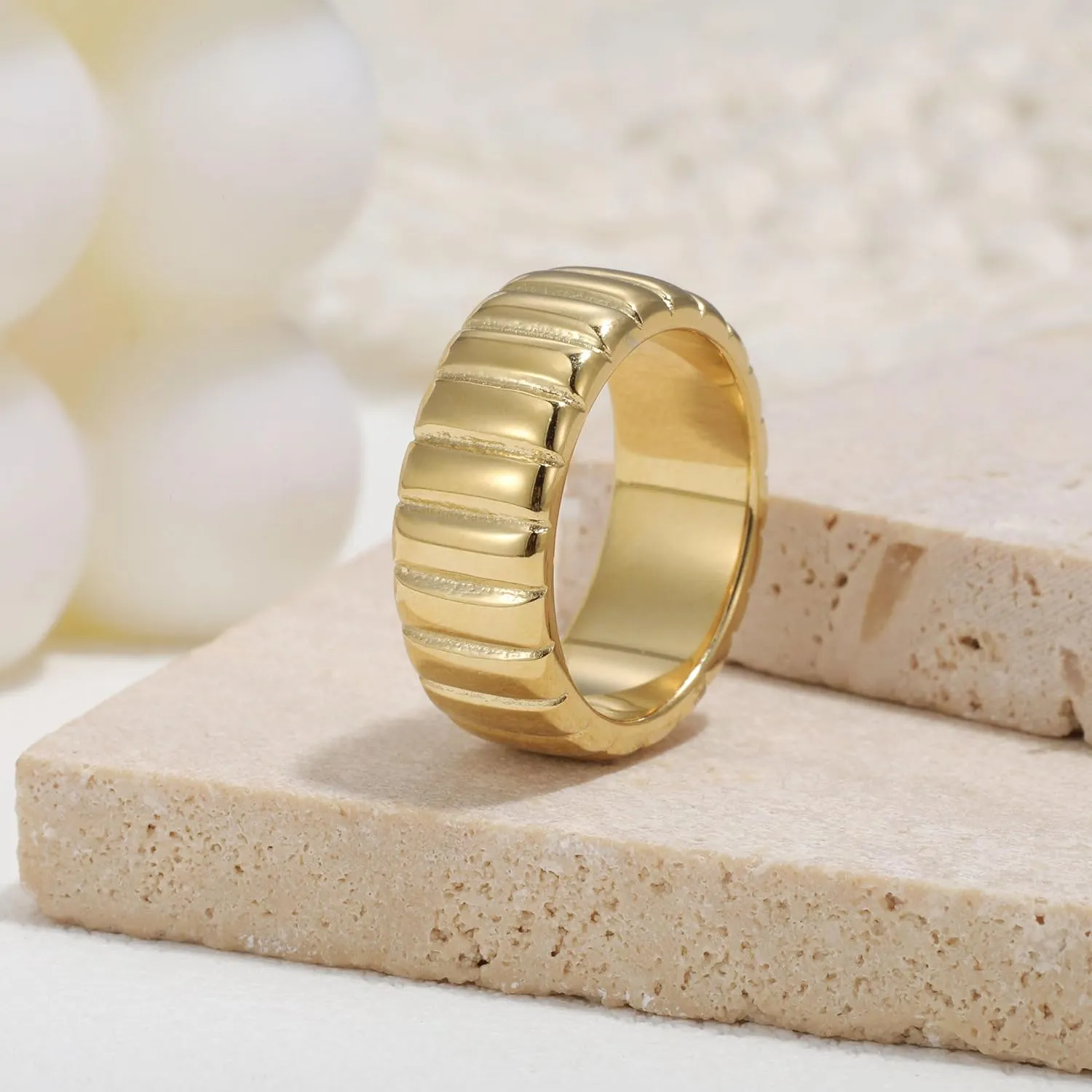 PLOMFOV 14K Gold Plated Chunky Statement Rings - Wide Chunky Band Gold/Silver Thumb - Stackable Chunky Ring for Women Men