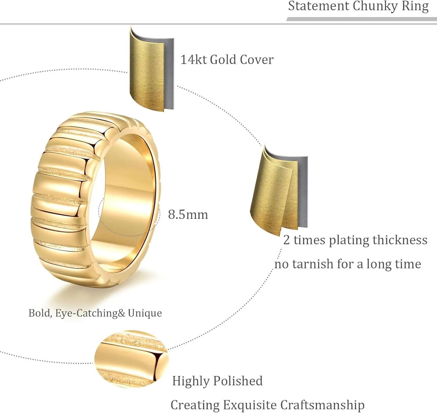 PLOMFOV 14K Gold Plated Chunky Statement Rings - Wide Chunky Band Gold/Silver Thumb - Stackable Chunky Ring for Women Men
