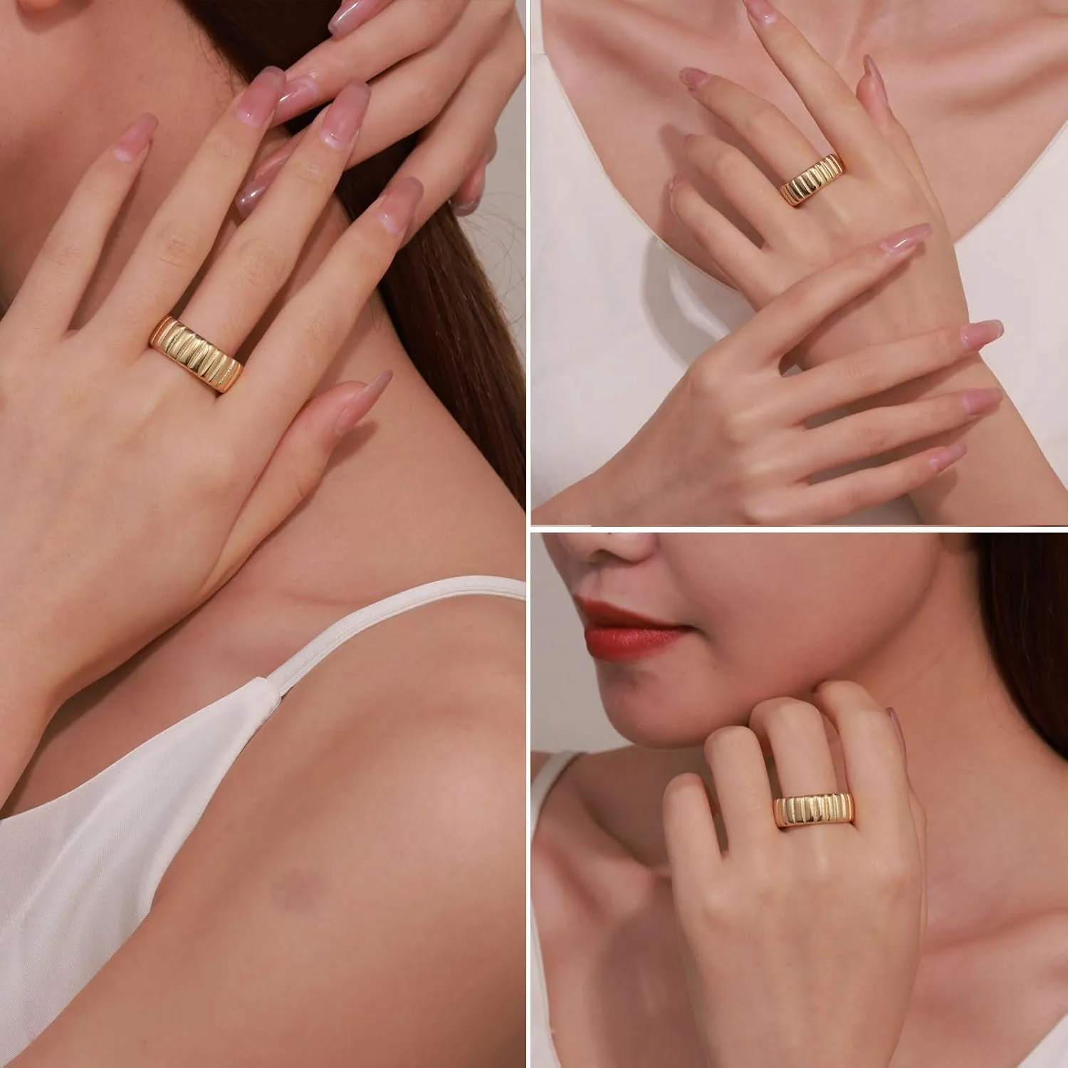 PLOMFOV 14K Gold Plated Chunky Statement Rings - Wide Chunky Band Gold/Silver Thumb - Stackable Chunky Ring for Women Men