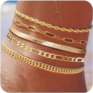 Plus Size Gold Ankle Bracelets for Women Big Ankles, 10" 2" Adjustable Ankle 14K Real Gold Plated Cuban Link Chain Figaro Snake Herringbone Extra Large Anklet Bracelets,Summer Beach Foot Jewelry