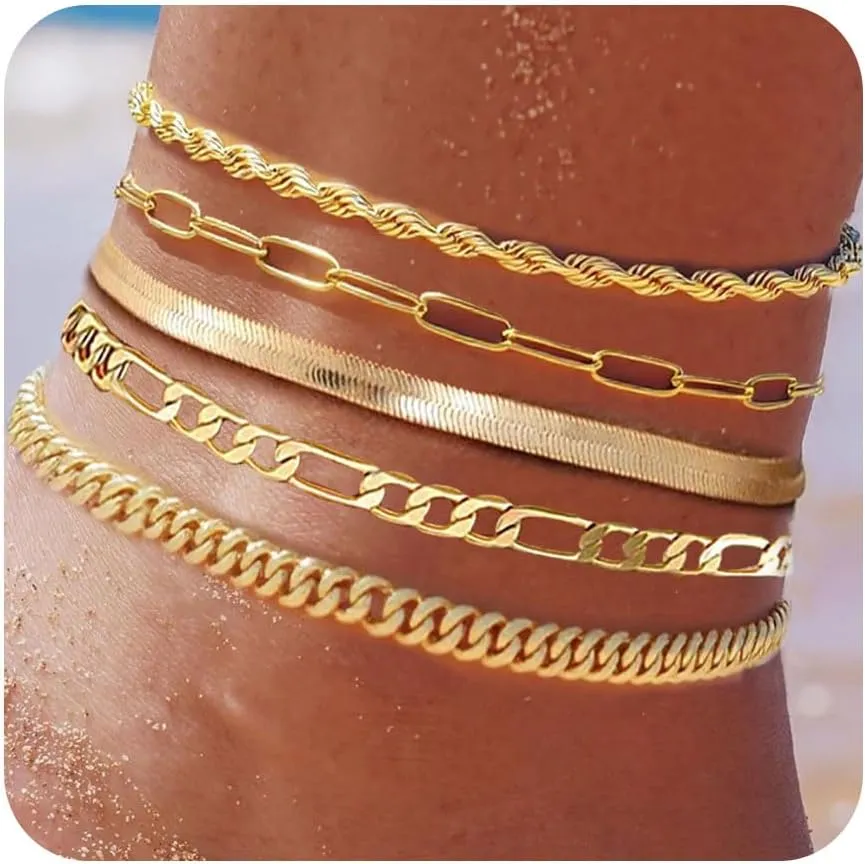 Plus Size Gold Ankle Bracelets for Women Big Ankles, 10" 2" Adjustable Ankle 14K Real Gold Plated Cuban Link Chain Figaro Snake Herringbone Extra Large Anklet Bracelets,Summer Beach Foot Jewelry