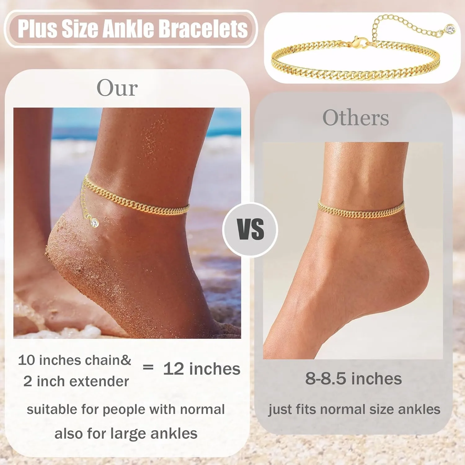 Plus Size Gold Ankle Bracelets for Women Big Ankles, 10" 2" Adjustable Ankle 14K Real Gold Plated Cuban Link Chain Figaro Snake Herringbone Extra Large Anklet Bracelets,Summer Beach Foot Jewelry