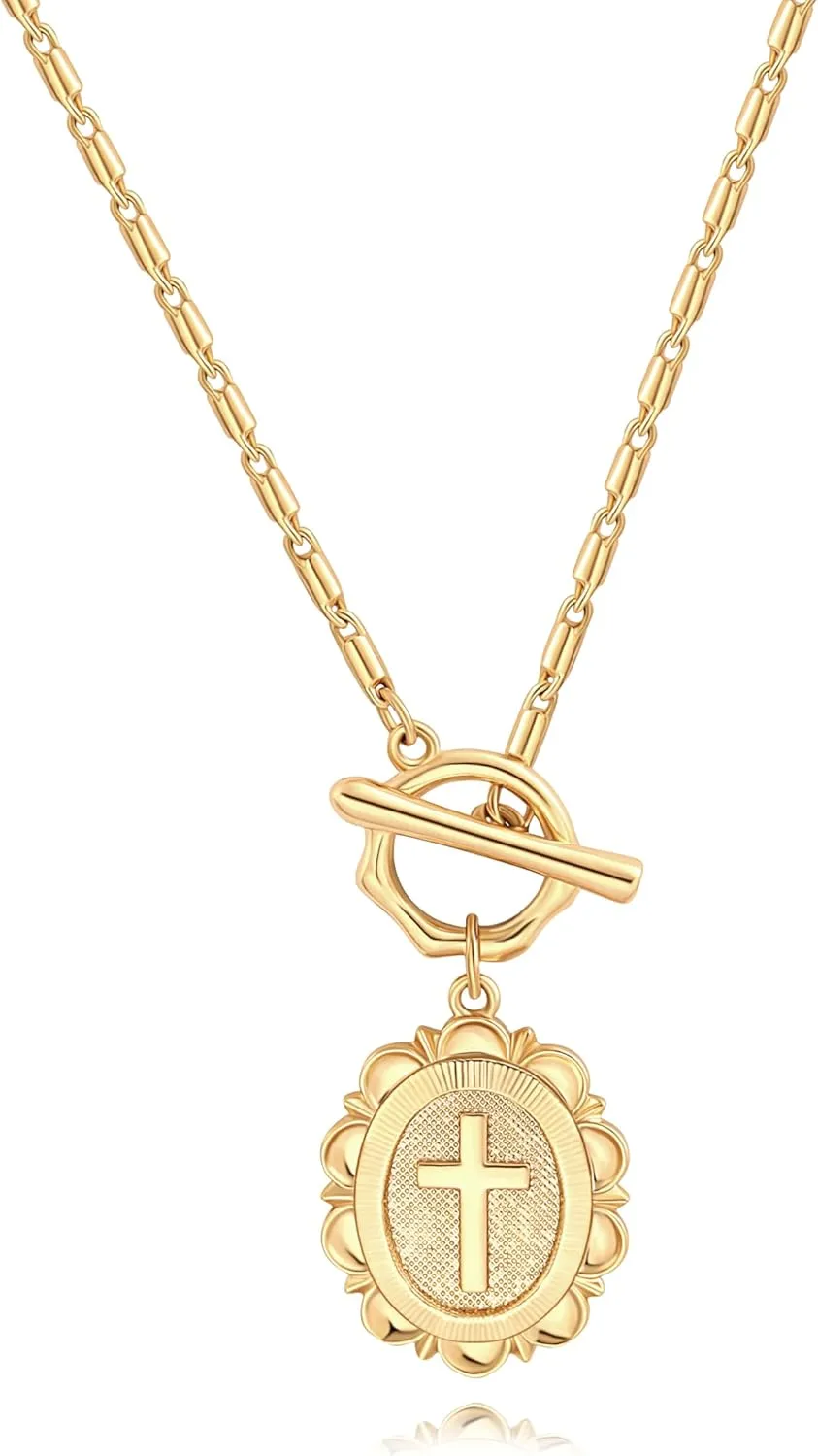 POTESSA 18K Gold Plated Pendant Necklace Medallion Coin Y Shaped Chain Toggle Necklace for Women Trendy Jewelry
