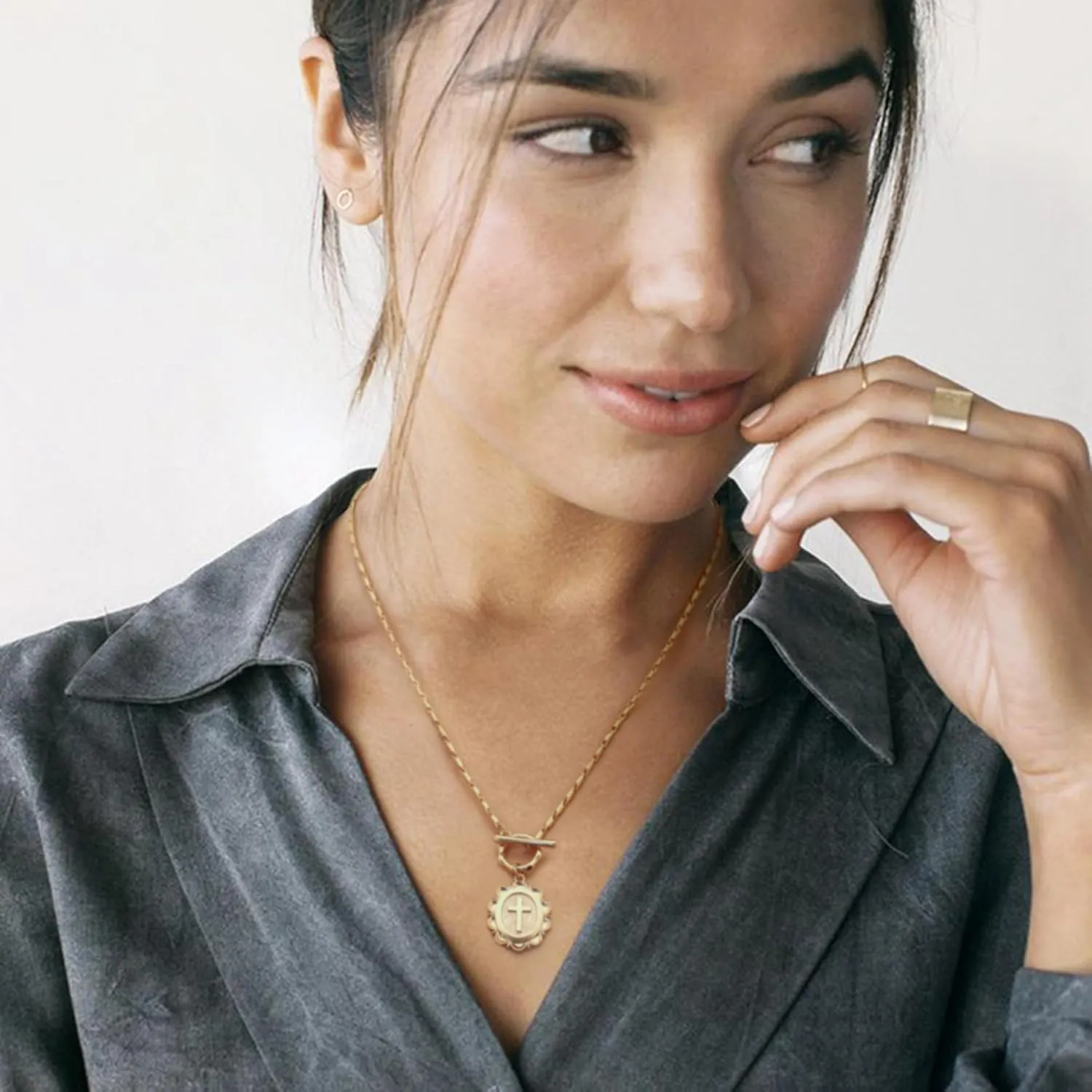 POTESSA 18K Gold Plated Pendant Necklace Medallion Coin Y Shaped Chain Toggle Necklace for Women Trendy Jewelry