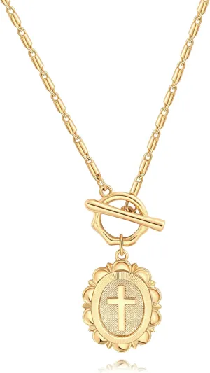 POTESSA 18K Gold Plated Pendant Necklace Medallion Coin Y Shaped Chain Toggle Necklace for Women Trendy Jewelry