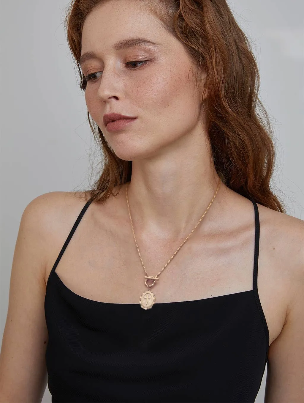 POTESSA 18K Gold Plated Pendant Necklace Medallion Coin Y Shaped Chain Toggle Necklace for Women Trendy Jewelry