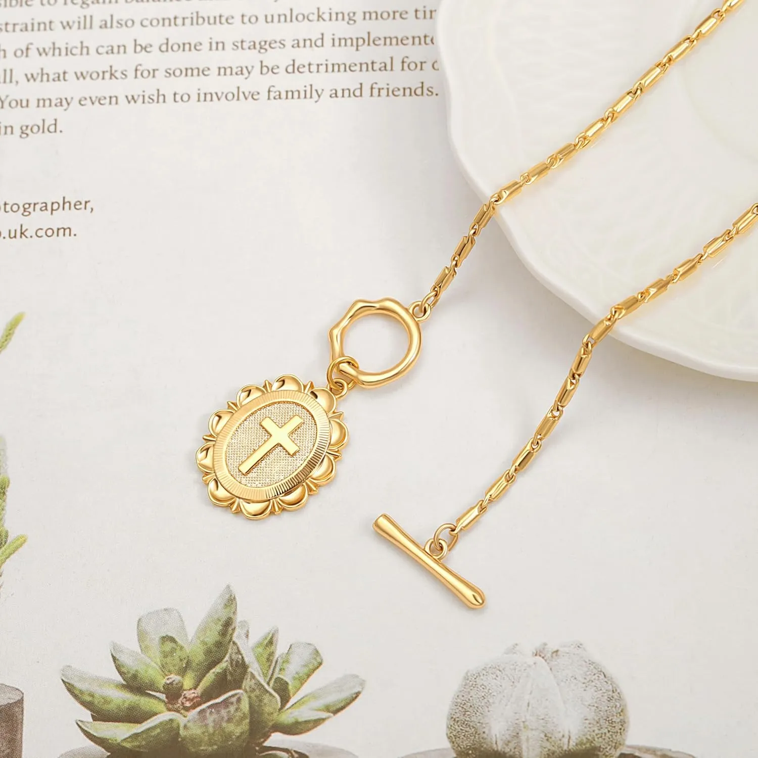 POTESSA 18K Gold Plated Pendant Necklace Medallion Coin Y Shaped Chain Toggle Necklace for Women Trendy Jewelry