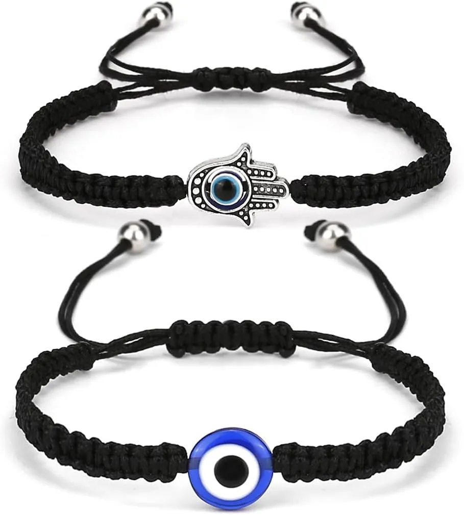 POYAMUSE Set of Evil Eye & Hamsa Hand Braided Adjustable Bracelets - Protective Good Luck Jewelry for Men and Women - Thread Rope String Amulet Bracelets for Family Frends