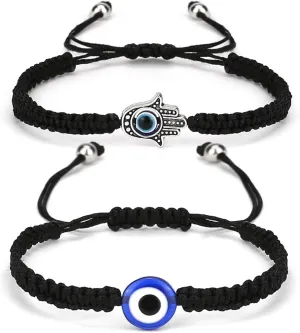 POYAMUSE Set of Evil Eye & Hamsa Hand Braided Adjustable Bracelets - Protective Good Luck Jewelry for Men and Women - Thread Rope String Amulet Bracelets for Family Frends
