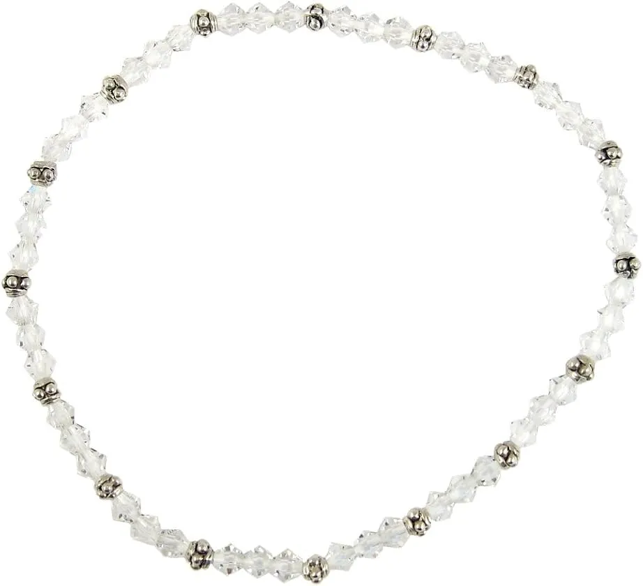 PP DESIGNS Clear Crystal & Silver Tone Beaded Stretch 9" Anklet (A24)