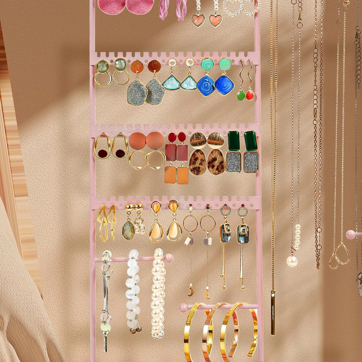 ProCase Jewelry Organizer Stand Earring Holder Organizer, 6 Tiers Earring Organizer Tree Necklace Rack Jewellery Tower Bracelets Holder Storage with Removable Wooden Ring Tray for Women Girls -Pink