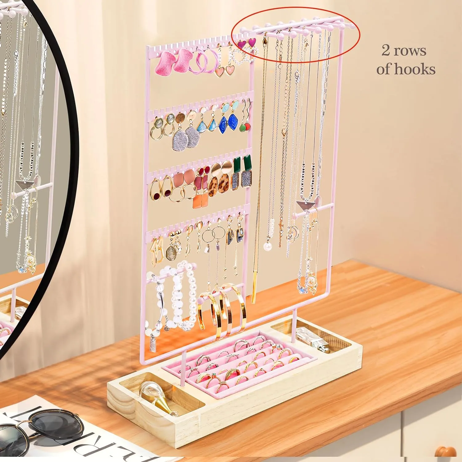 ProCase Jewelry Organizer Stand Earring Holder Organizer, 6 Tiers Earring Organizer Tree Necklace Rack Jewellery Tower Bracelets Holder Storage with Removable Wooden Ring Tray for Women Girls -Pink