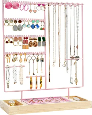 ProCase Jewelry Organizer Stand Earring Holder Organizer, 6 Tiers Earring Organizer Tree Necklace Rack Jewellery Tower Bracelets Holder Storage with Removable Wooden Ring Tray for Women Girls -Pink