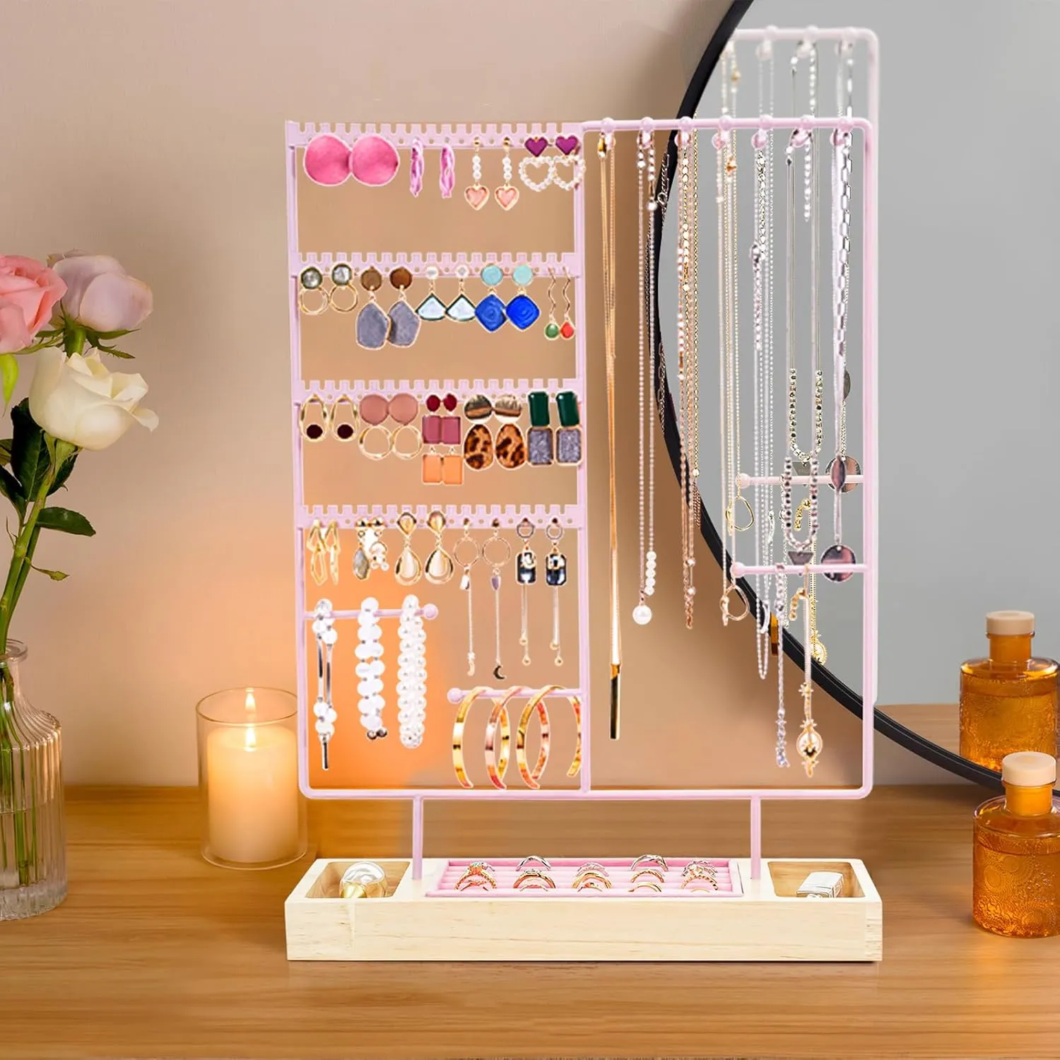 ProCase Jewelry Organizer Stand Earring Holder Organizer, 6 Tiers Earring Organizer Tree Necklace Rack Jewellery Tower Bracelets Holder Storage with Removable Wooden Ring Tray for Women Girls -Pink