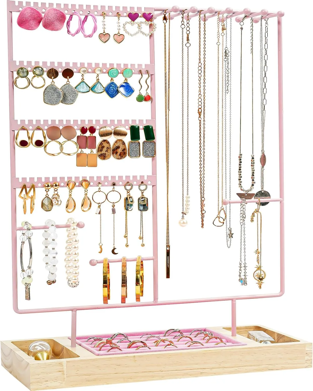 ProCase Jewelry Organizer Stand Earring Holder Organizer, 6 Tiers Earring Organizer Tree Necklace Rack Jewellery Tower Bracelets Holder Storage with Removable Wooden Ring Tray for Women Girls -Pink
