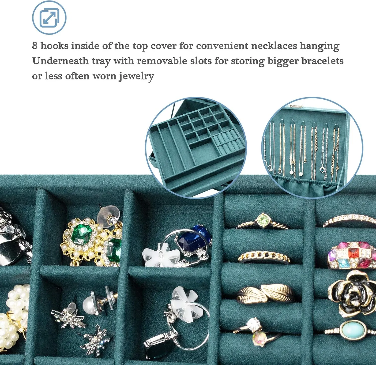 ProCase Velvet Jewelry Box Organizer for Women, 2 Layer Jewelry Display Storage Holder Case for Necklace Earrings Bracelets Rings -Green