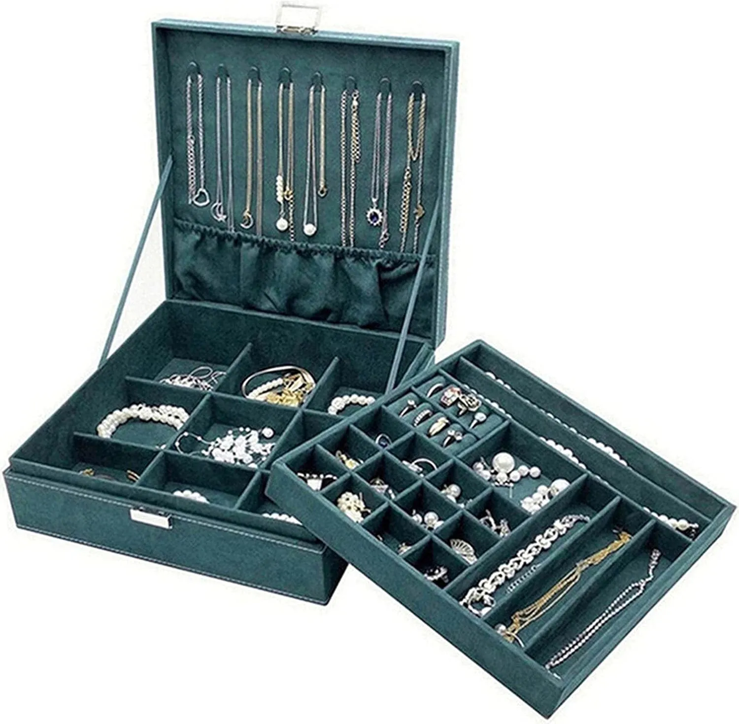 ProCase Velvet Jewelry Box Organizer for Women, 2 Layer Jewelry Display Storage Holder Case for Necklace Earrings Bracelets Rings -Green