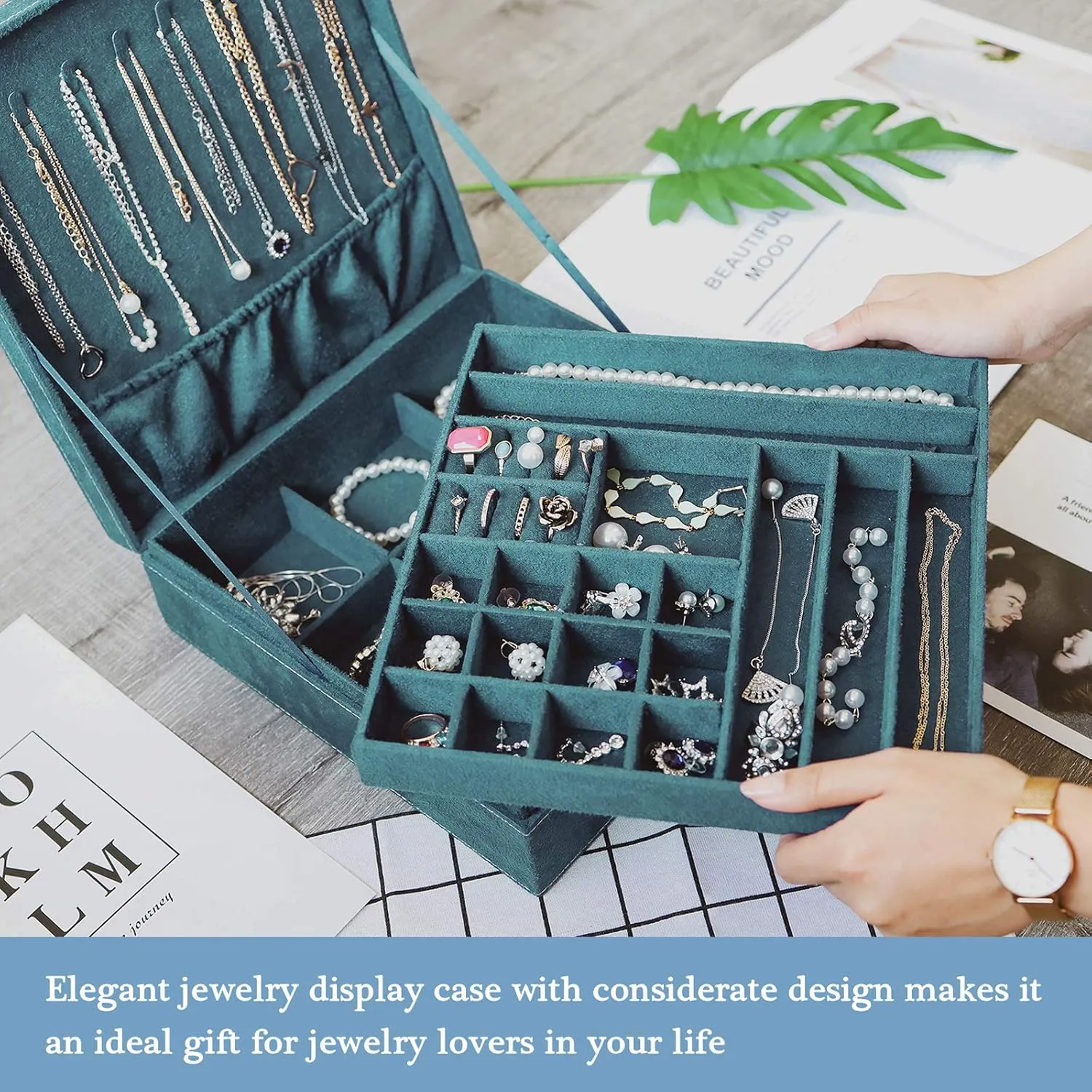ProCase Velvet Jewelry Box Organizer for Women, 2 Layer Jewelry Display Storage Holder Case for Necklace Earrings Bracelets Rings -Green