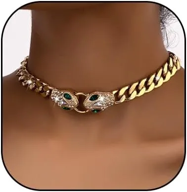 Punk Animal Snake Choker Necklace Hip Hop Rhinestone Snake head Cuban Link Chain Necklace Chunky Cuban Chain Crystal Jewelry for Women Gifts