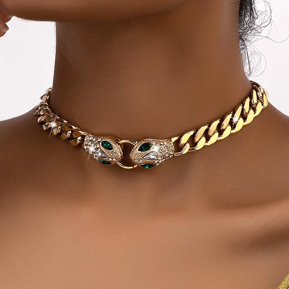 Punk Animal Snake Choker Necklace Hip Hop Rhinestone Snake head Cuban Link Chain Necklace Chunky Cuban Chain Crystal Jewelry for Women Gifts