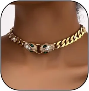 Punk Animal Snake Choker Necklace Hip Hop Rhinestone Snake head Cuban Link Chain Necklace Chunky Cuban Chain Crystal Jewelry for Women Gifts