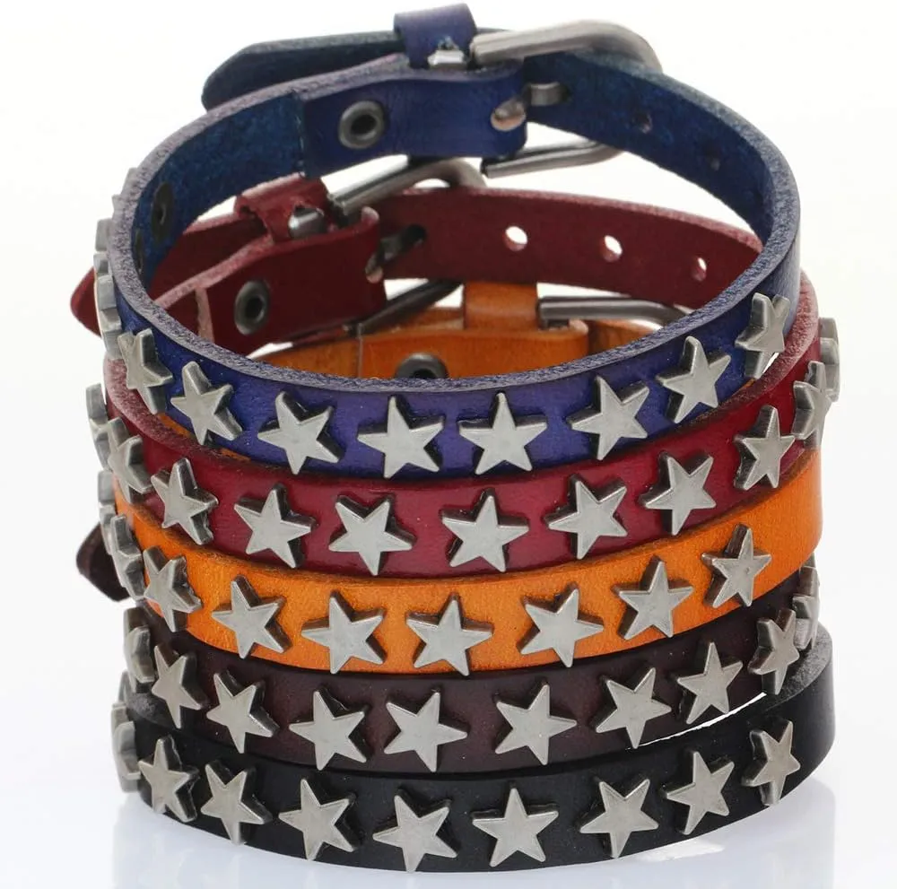 Punk Rivet Stainless Steel Peace Logo Bracelets Genuine Leather Bangles Men Women Jewelry Fashion Gifts
