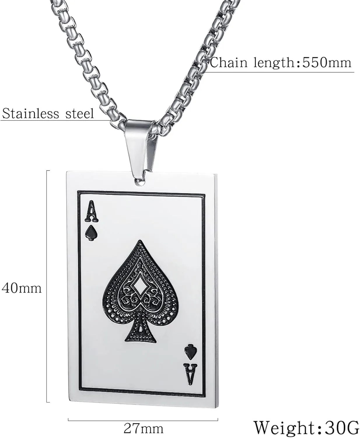 Punk Rock Ace of Spades Necklace Stainless Steel Playing Card Poker Pendant Necklace