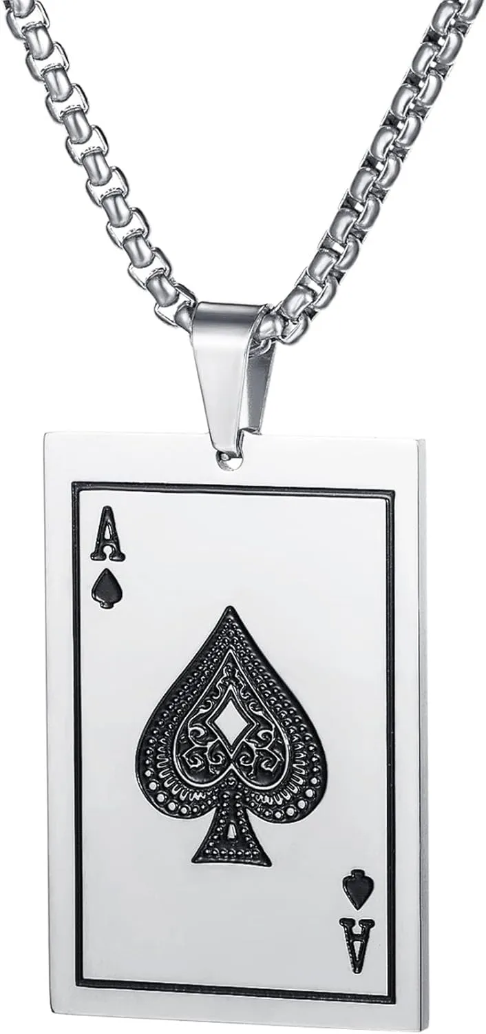 Punk Rock Ace of Spades Necklace Stainless Steel Playing Card Poker Pendant Necklace