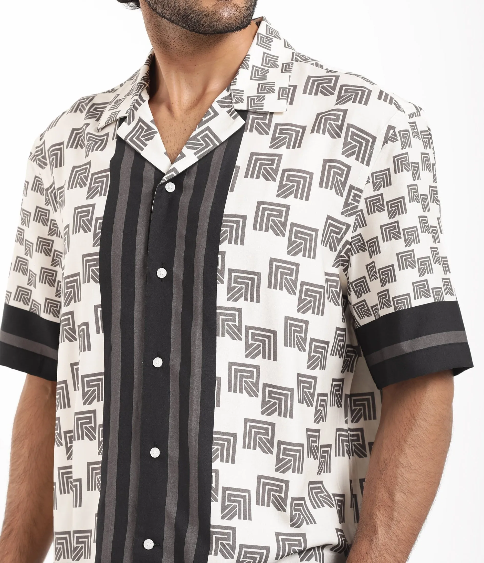 Rare Rabbit Men's Efi Off White Viscose Fabric Short Sleeve Cuban Collar Boxy Fit Monogram Print Shirt