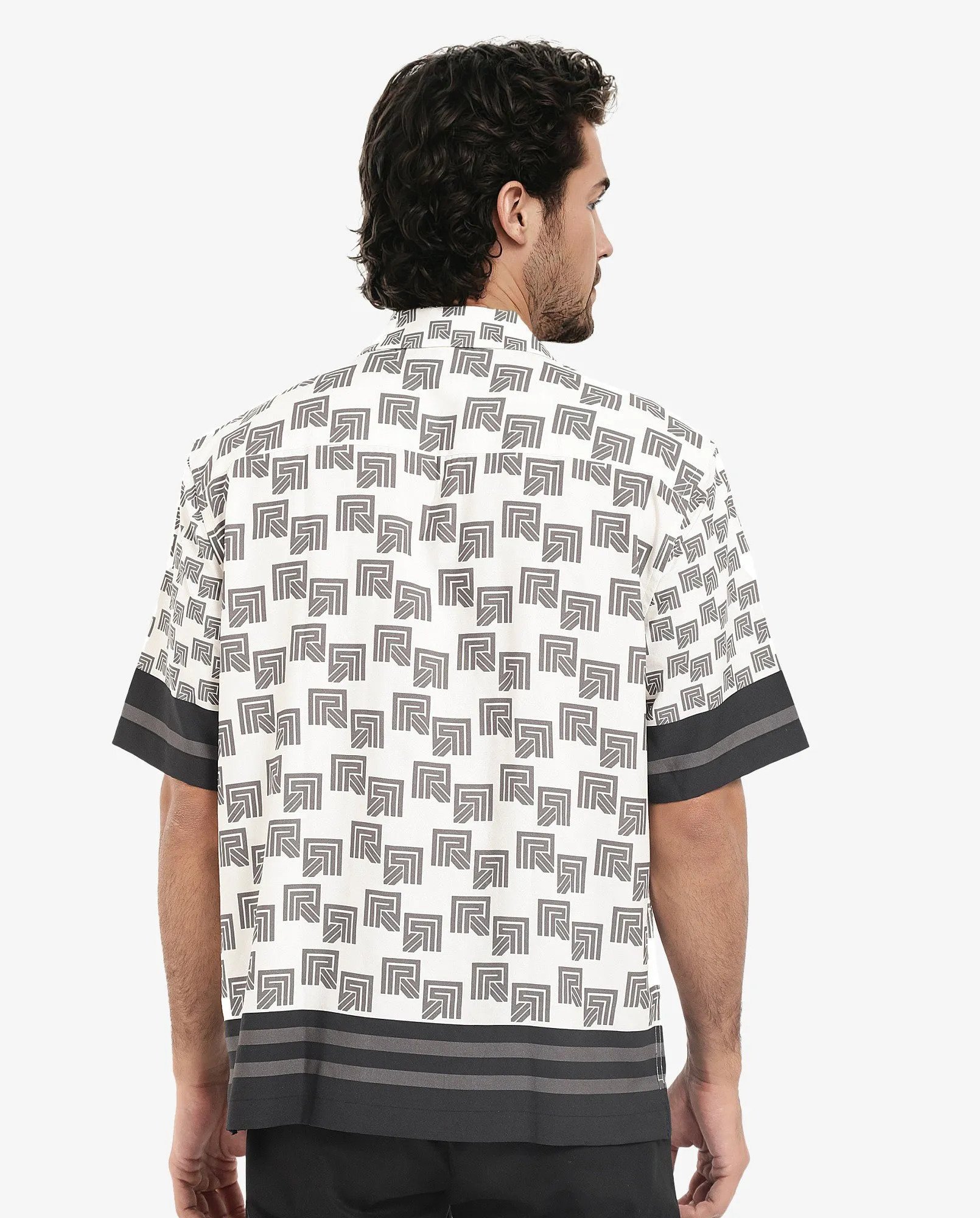 Rare Rabbit Men's Efi Off White Viscose Fabric Short Sleeve Cuban Collar Boxy Fit Monogram Print Shirt