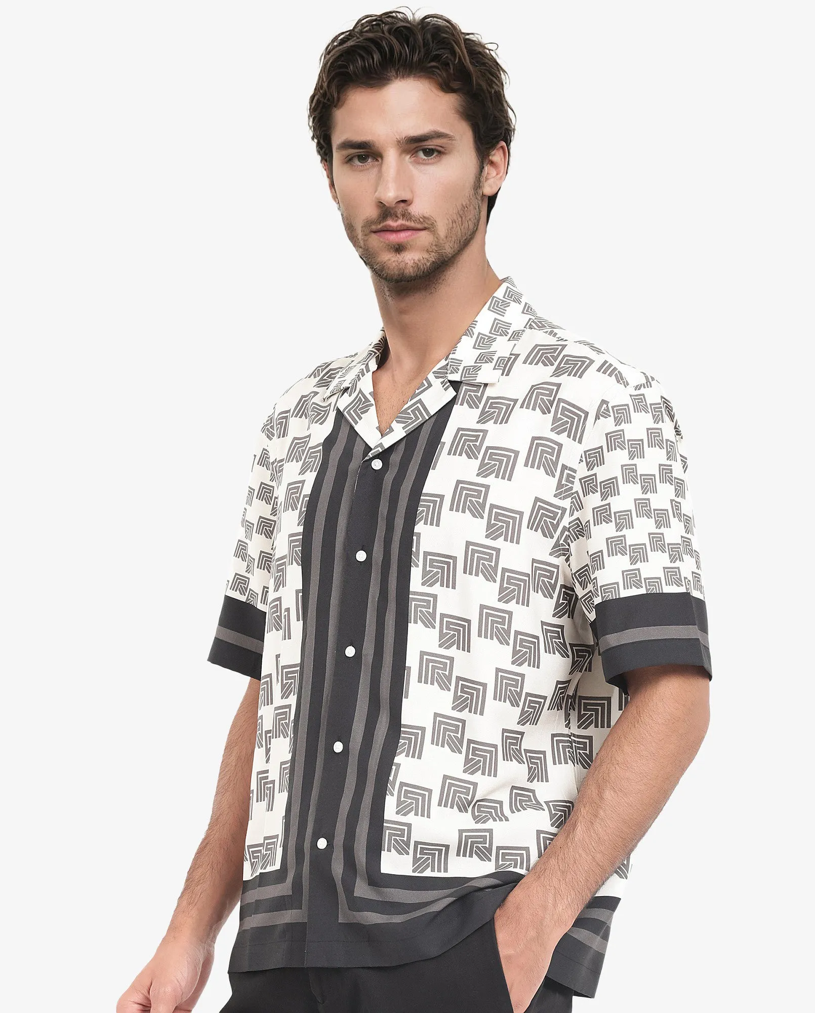 Rare Rabbit Men's Efi Off White Viscose Fabric Short Sleeve Cuban Collar Boxy Fit Monogram Print Shirt