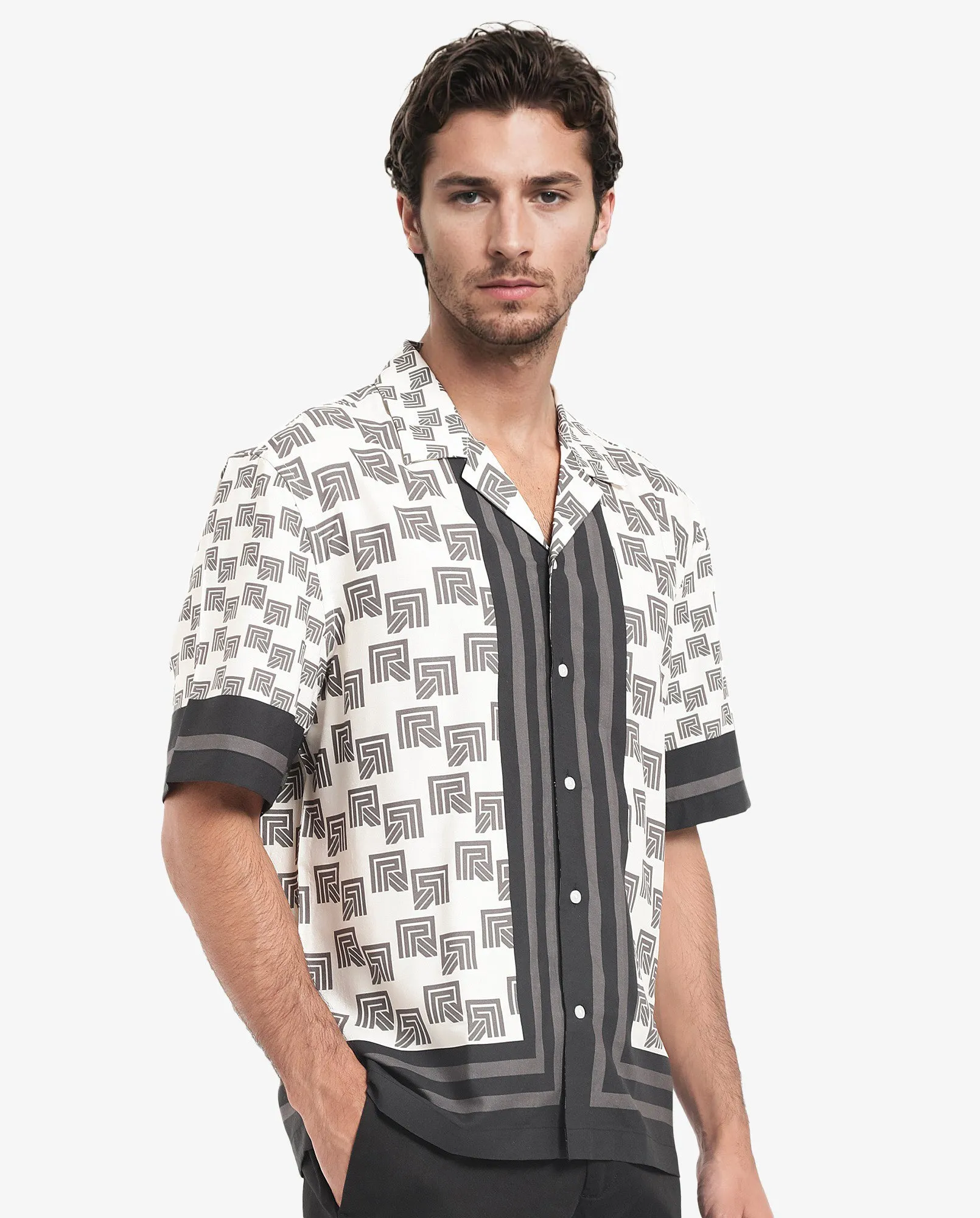 Rare Rabbit Men's Efi Off White Viscose Fabric Short Sleeve Cuban Collar Boxy Fit Monogram Print Shirt