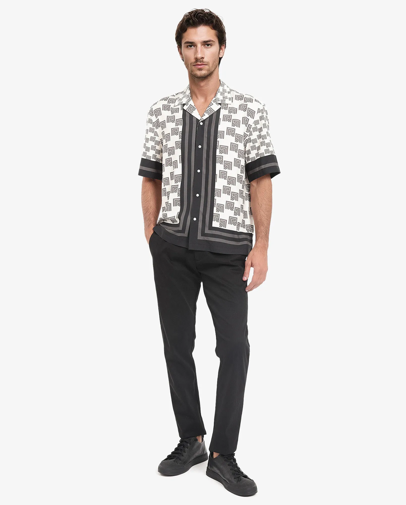 Rare Rabbit Men's Efi Off White Viscose Fabric Short Sleeve Cuban Collar Boxy Fit Monogram Print Shirt