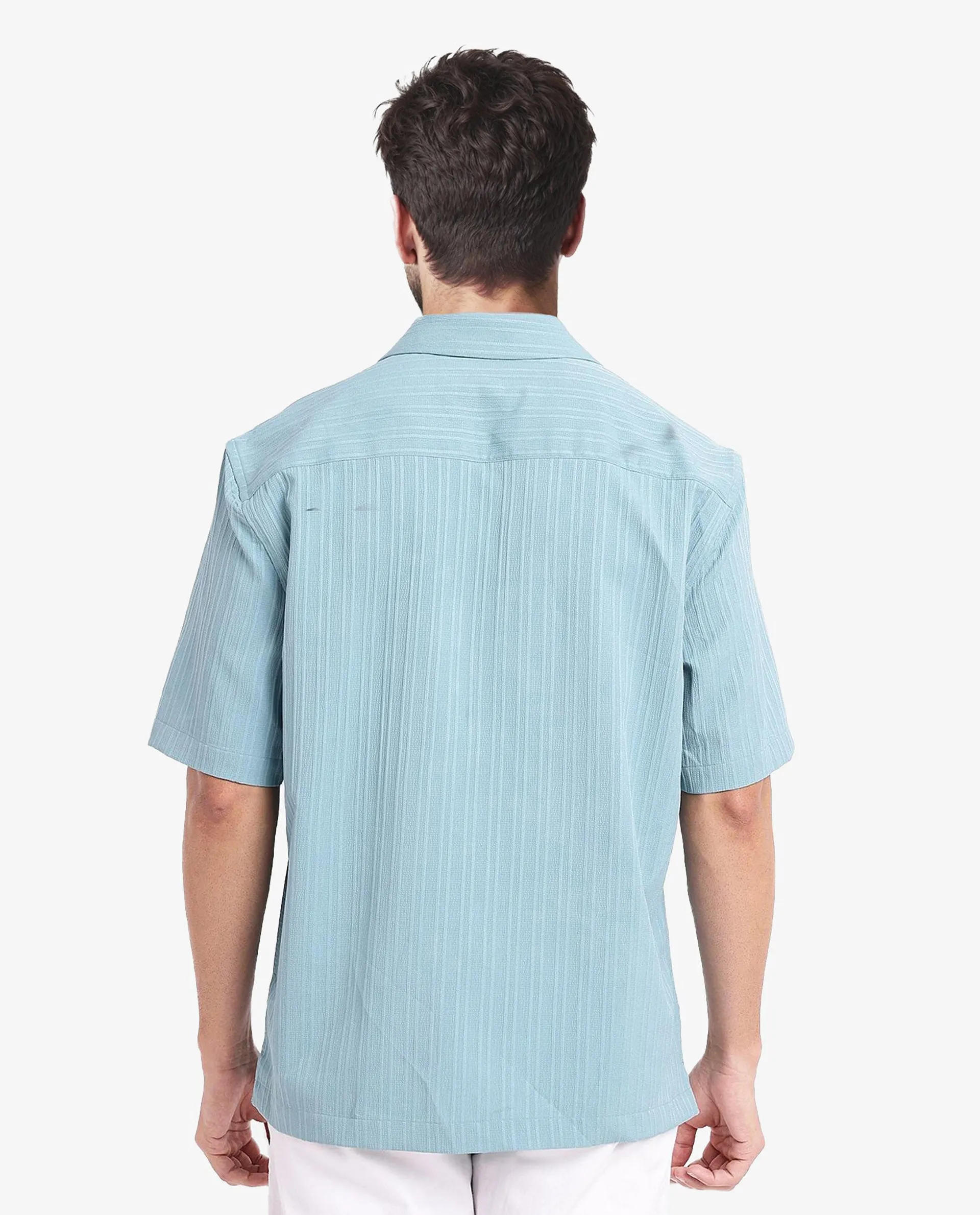 Rare Rabbit Men's Mirtilo Turq Polyester Fabric Short Sleeve Cuban Collar Self Stripe Textured Shirt