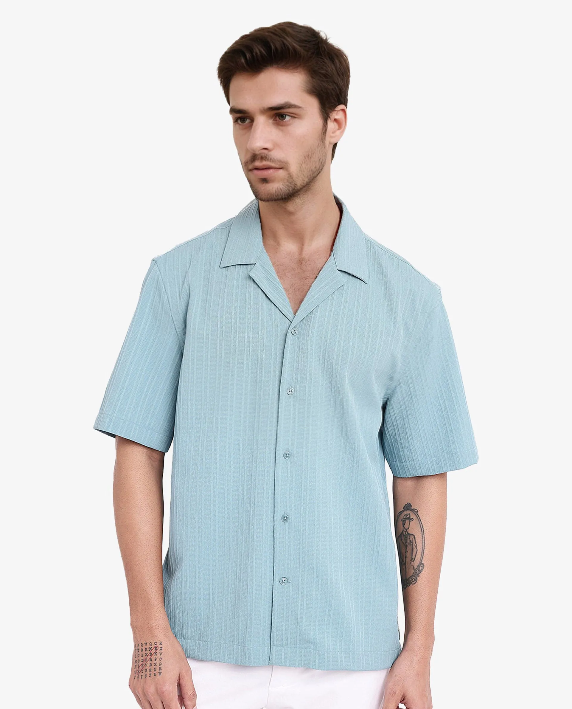 Rare Rabbit Men's Mirtilo Turq Polyester Fabric Short Sleeve Cuban Collar Self Stripe Textured Shirt