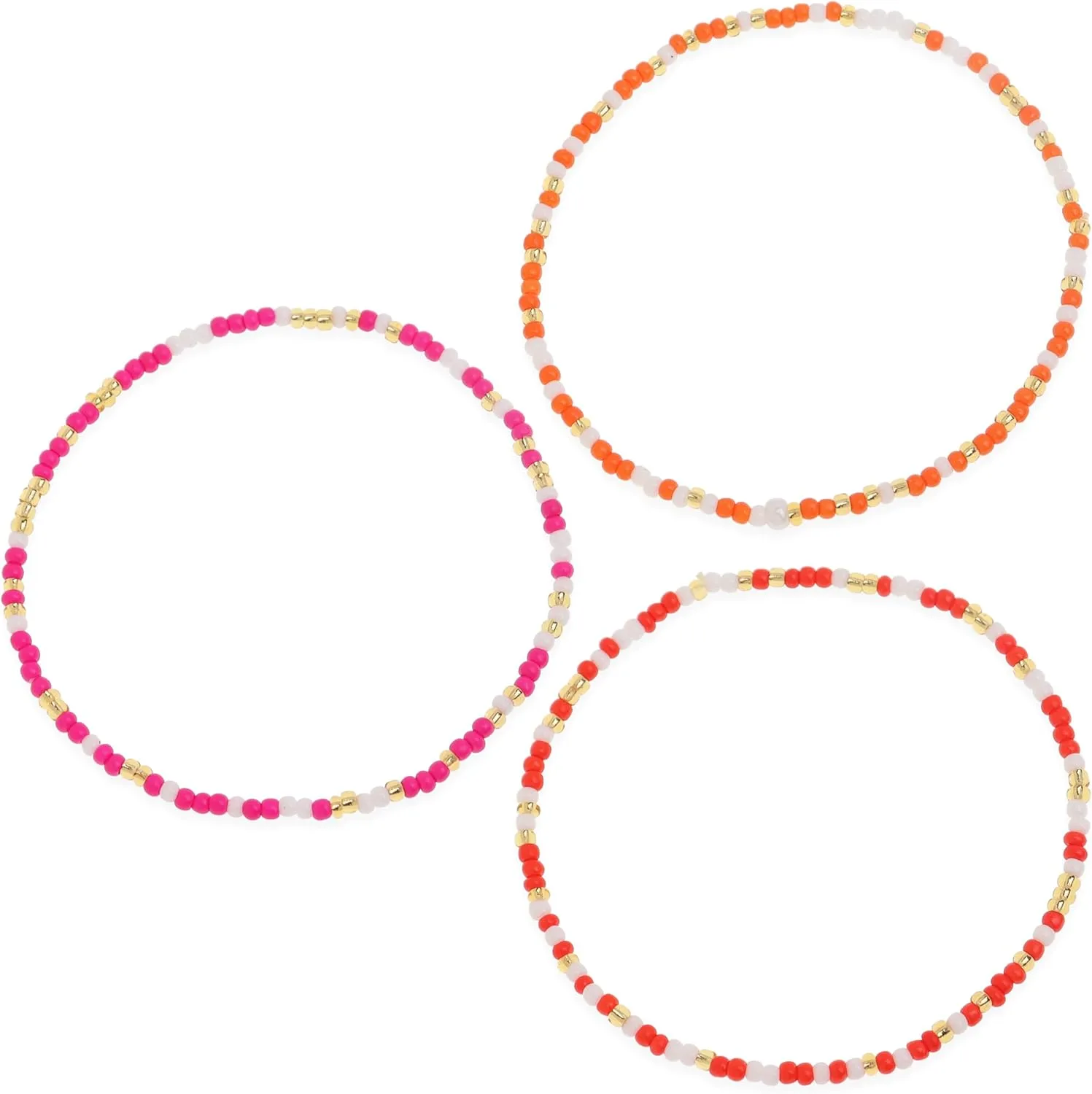 Red Orange Seed Beads Stack Bracelets Set for Women, 3Pcs Cute Boho Handmade Colorful Hot Pink Gold Beaded Friendship Stretch Bracelet Festive Holiday Accessories Jewelry Gift.