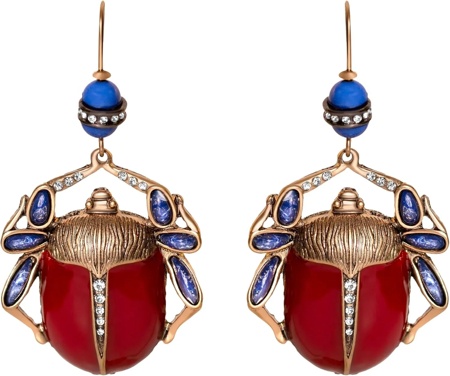 Red Scarab Earrings, Vintage Art Deco Egyptian Revival Style Beetle Bug Insect Dangle Earrings for Women, Hypoallergenic, Unique Statement Jewelry for Halloween