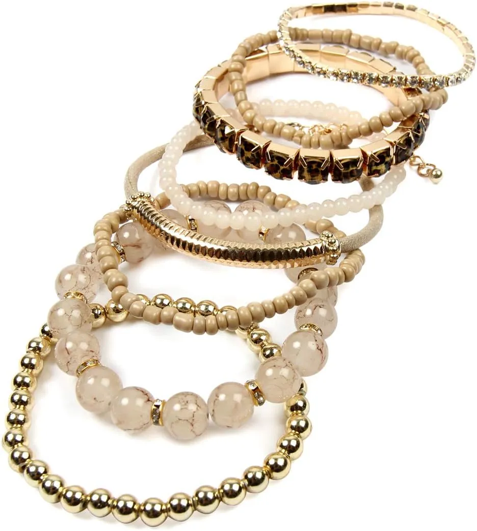 RIAH FASHION Multi Color Stretch Beaded Stackable Bracelets - Layering Bead Strand Statement Wrap Bangles