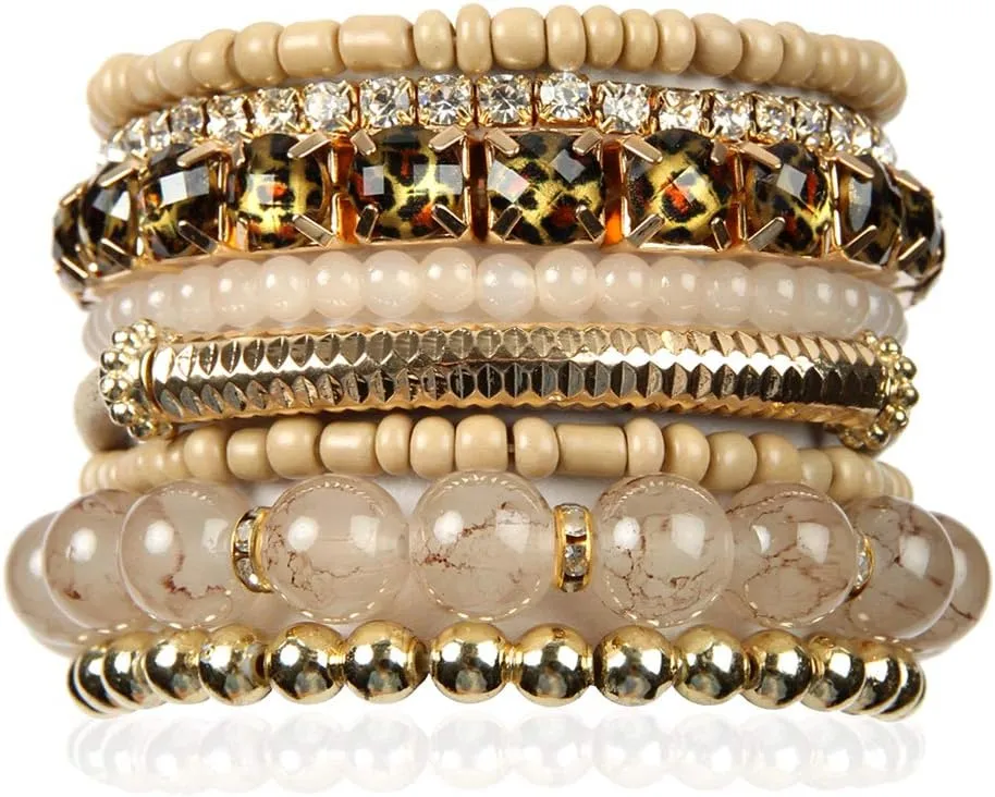 RIAH FASHION Multi Color Stretch Beaded Stackable Bracelets - Layering Bead Strand Statement Wrap Bangles