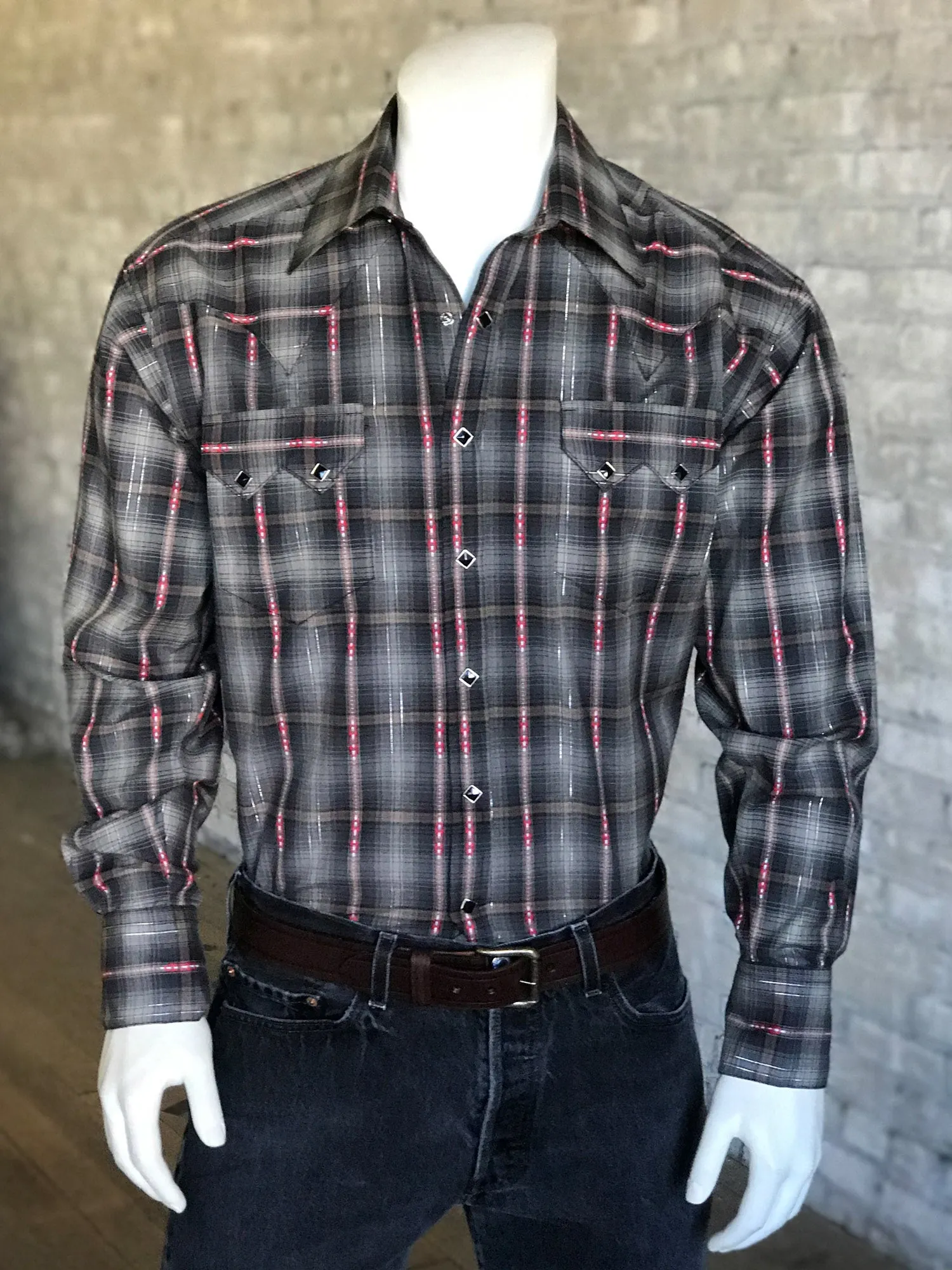 Rockmount Mens Black 100% Cotton Retro Shadow Plaid L/S Shirt