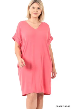 Rolled Sleeve V Neck Dress