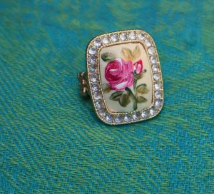 Romantic Large Adjustable Gold Plated Vintage Style Statement Ring with Hand Painted Pink Rose Design Rhinestones Victorian Jewelry for Women by Goddess Arts Collection