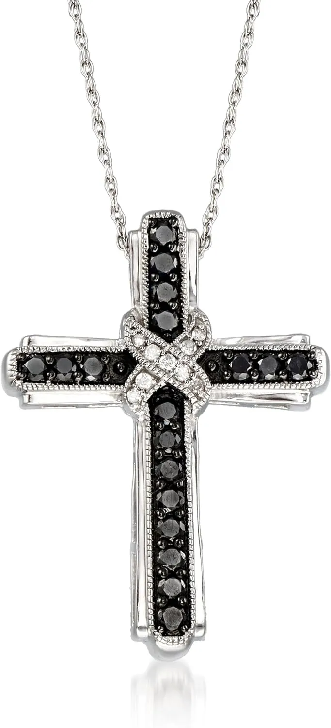 Ross-Simons 1.00 ct. t.w. Black and White Diamond Cross Pendant Necklace in Sterling Silver