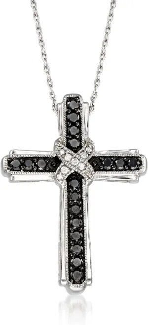 Ross-Simons 1.00 ct. t.w. Black and White Diamond Cross Pendant Necklace in Sterling Silver
