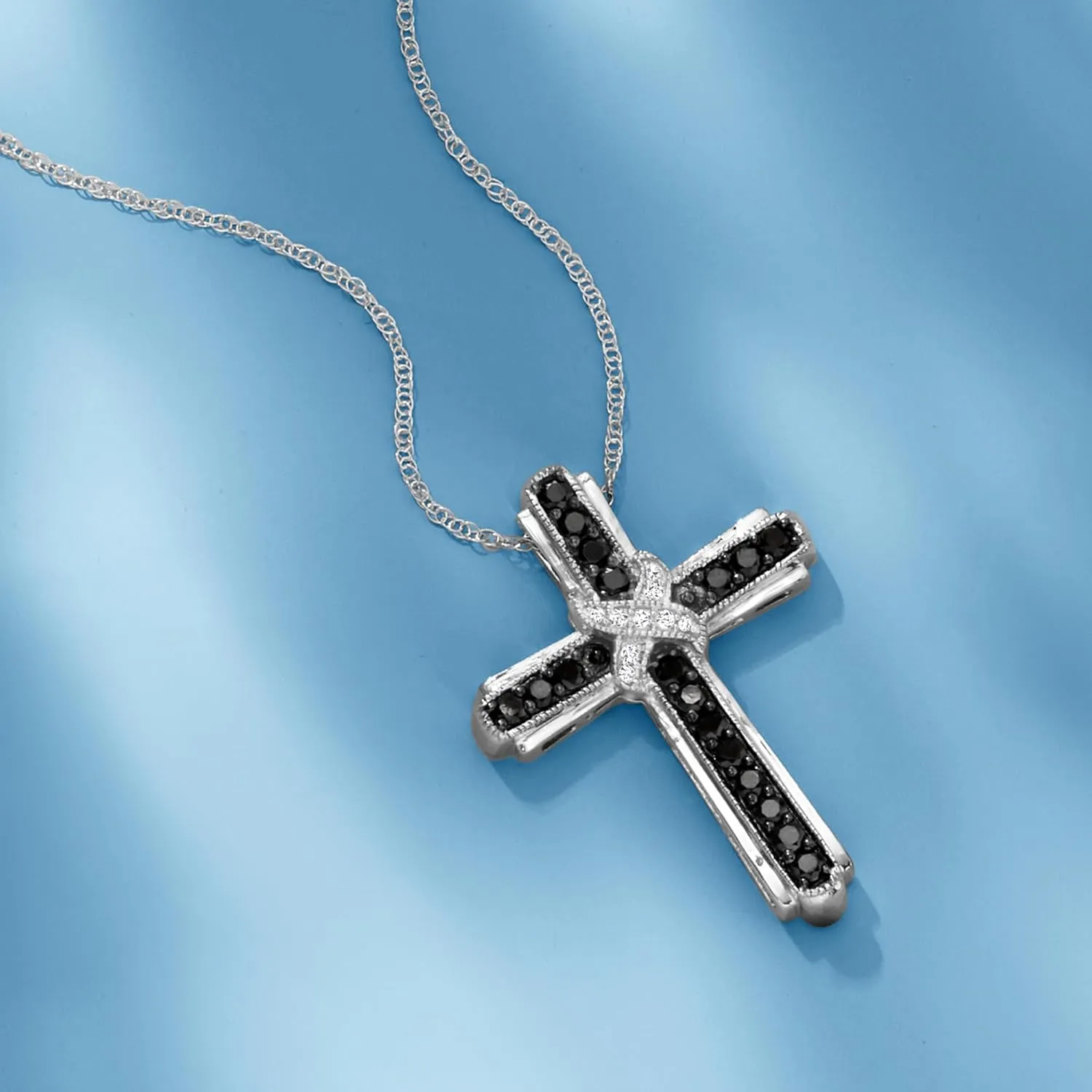 Ross-Simons 1.00 ct. t.w. Black and White Diamond Cross Pendant Necklace in Sterling Silver