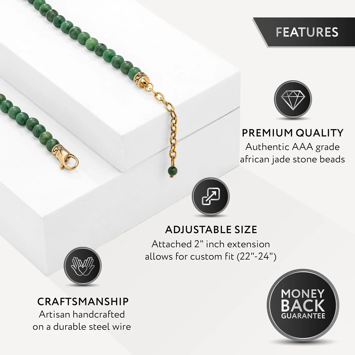 RTZN Mens Beaded Necklaces  Premium Artisan Handcrafted Jade Necklace for Men  6MM Beaded Necklace for Men and Women Adjustable 22"- 24 Inches (African Jade)